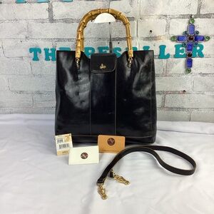 Monsac Original Handbag Purse Black Leather Shoulder Tote Bamboo Handles, $345
